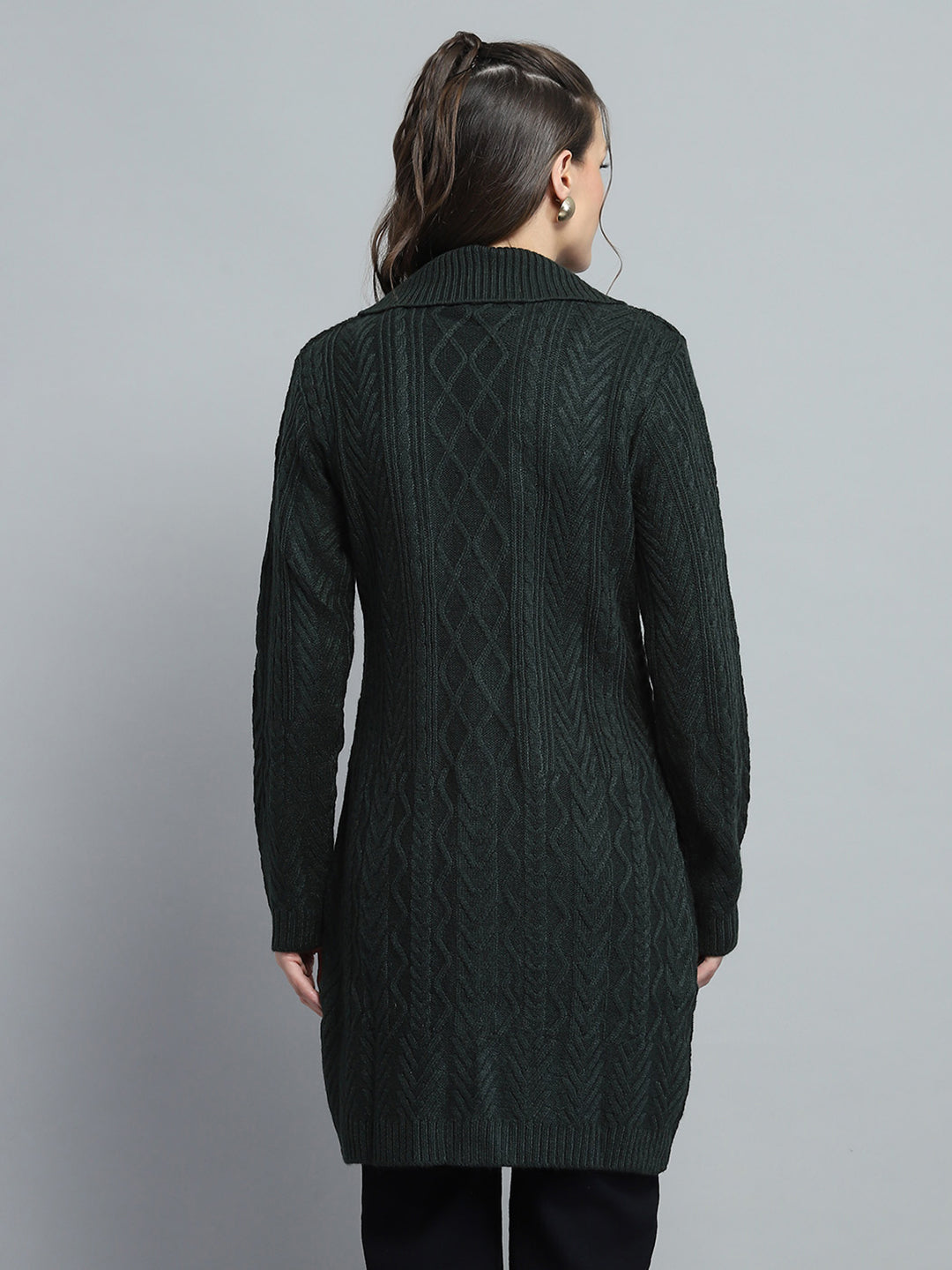 Women Green Self Design Notch Lapel Collar Full Sleeve Cardigan