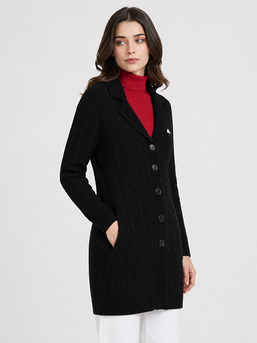 Women Black Self Design Lapel Collar Full Sleeve Cardigan