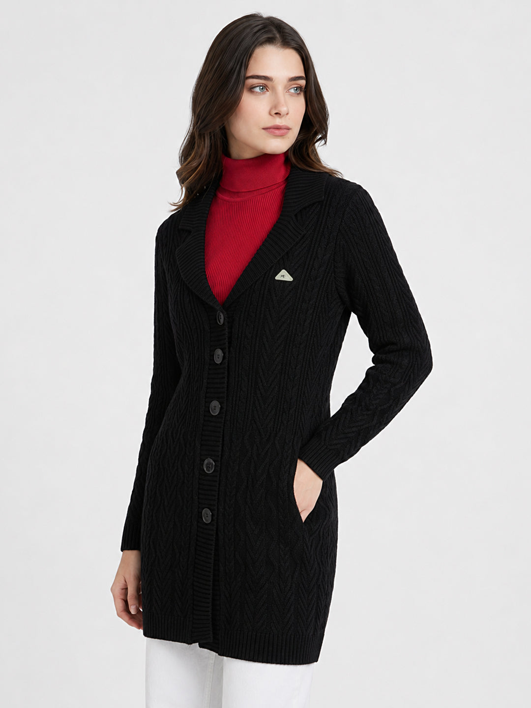 Women Black Self Design Lapel Collar Full Sleeve Cardigan