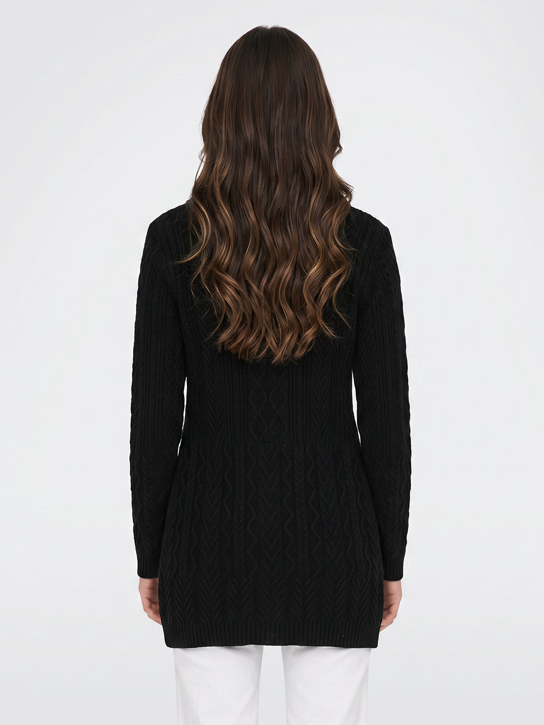 Women Black Self Design Lapel Collar Full Sleeve Cardigan