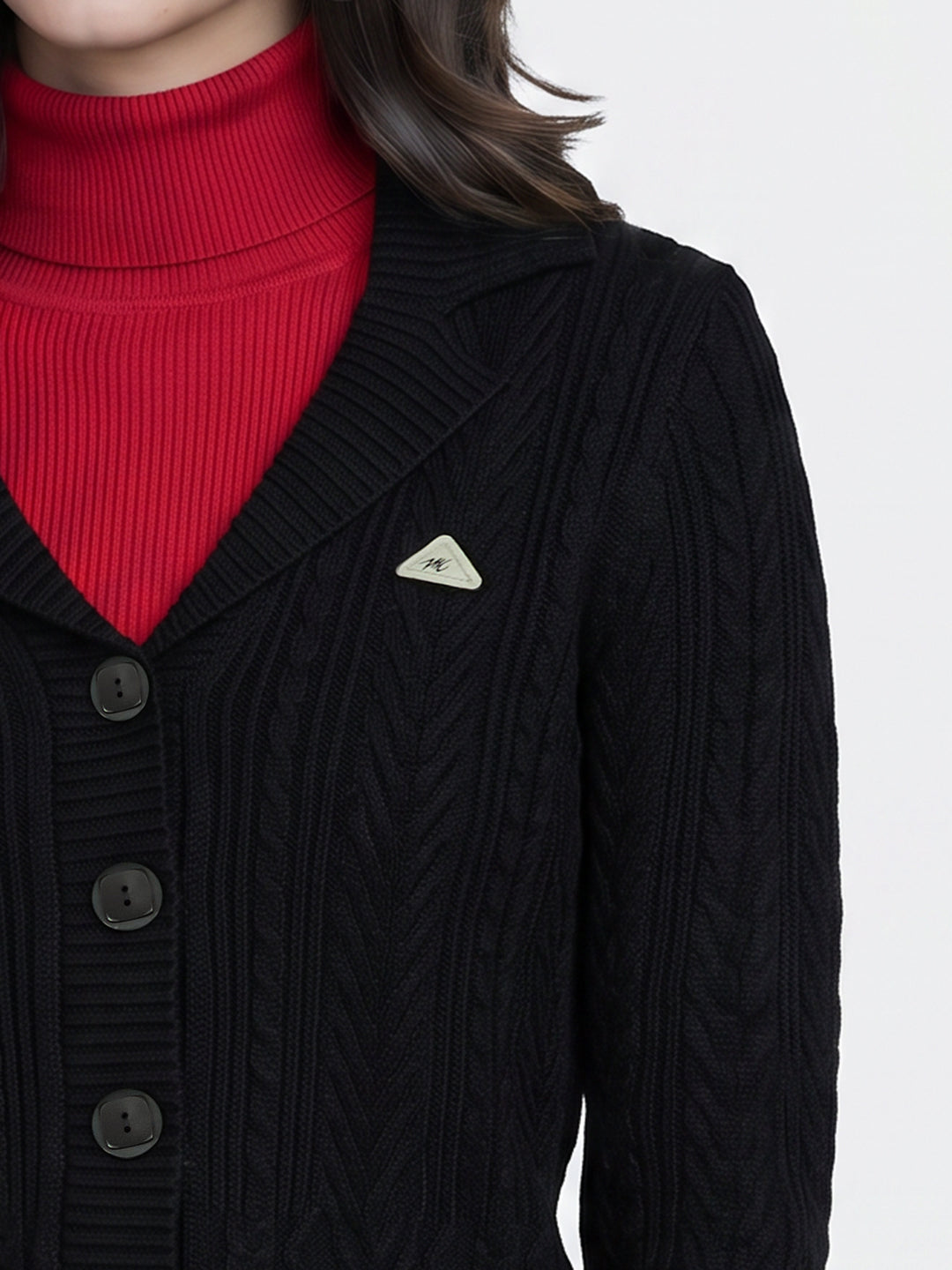 Women Black Self Design Lapel Collar Full Sleeve Cardigan