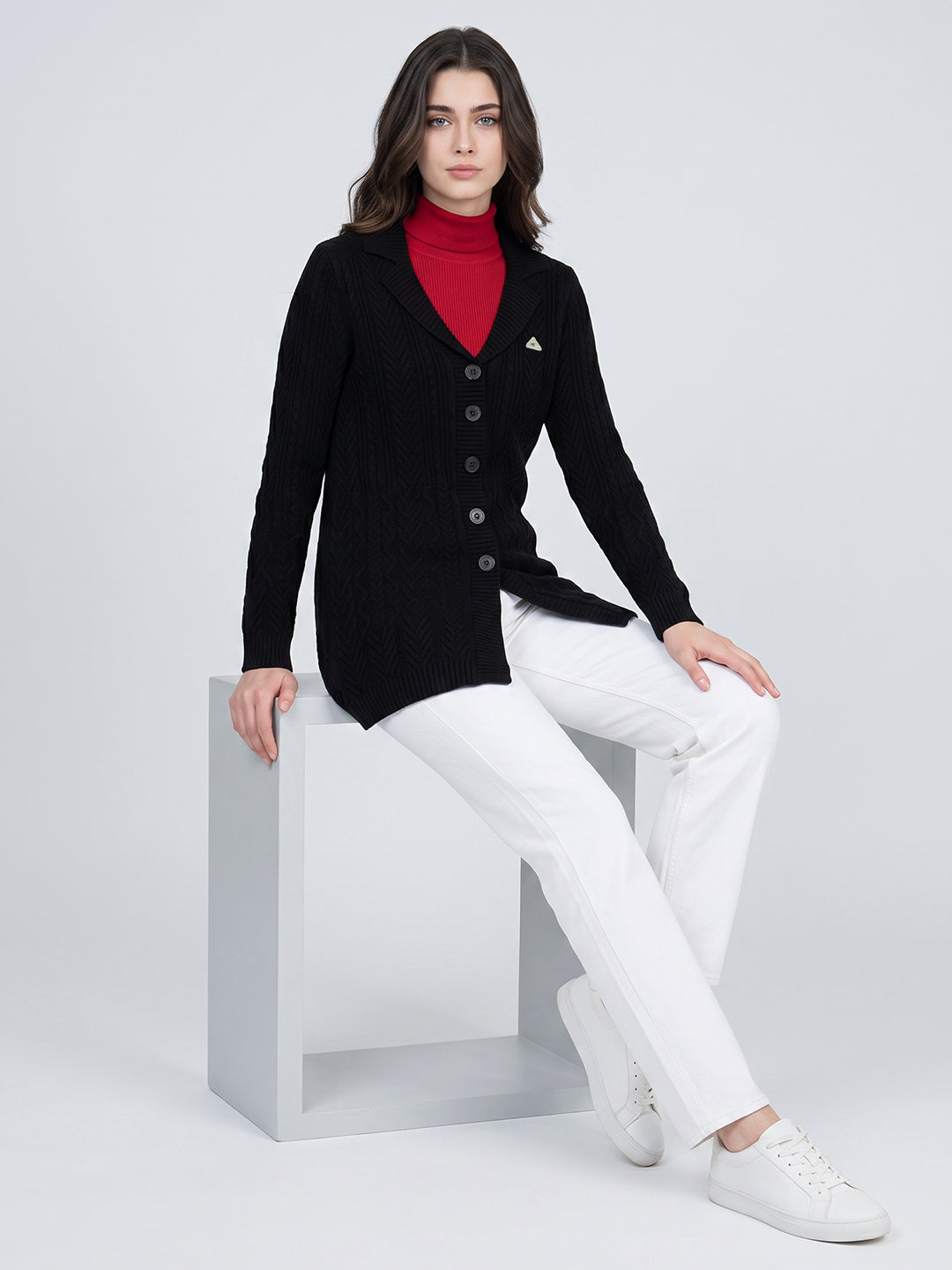 Women Black Self Design Lapel Collar Full Sleeve Cardigan