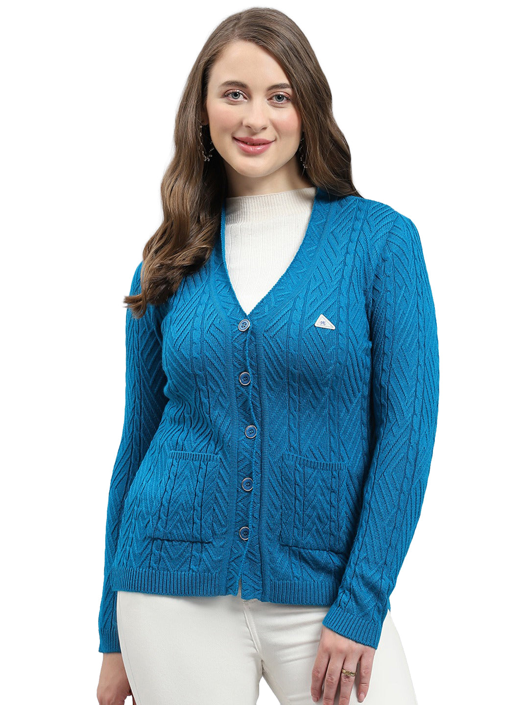 Women Teal Blue Self Design V Neck Full Sleeve Cardigan