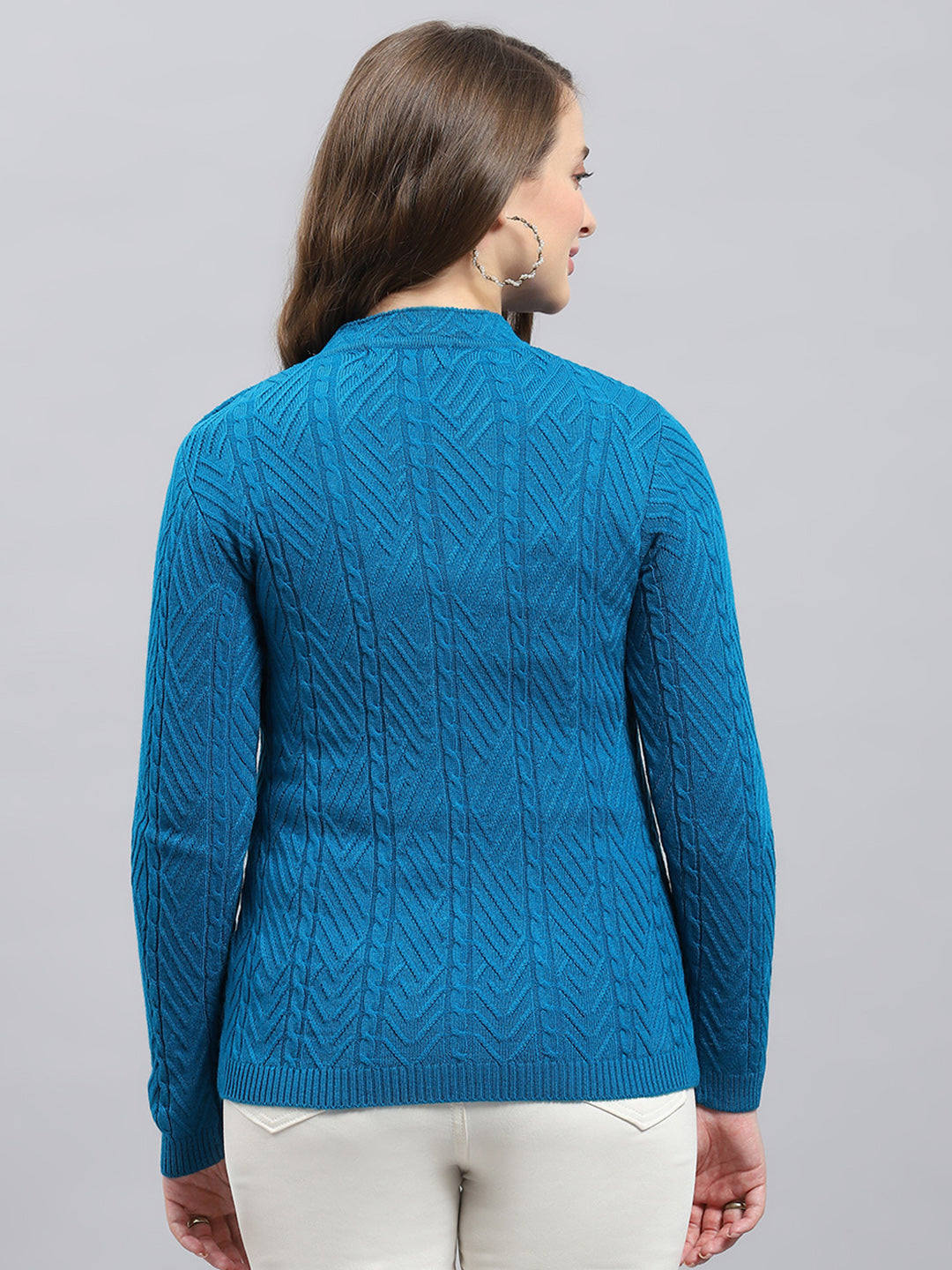 Women Teal Blue Self Design V Neck Full Sleeve Cardigan