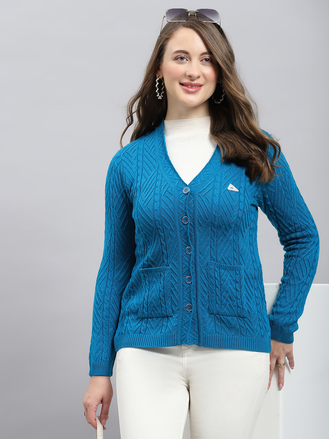 Women Teal Blue Self Design V Neck Full Sleeve Cardigan