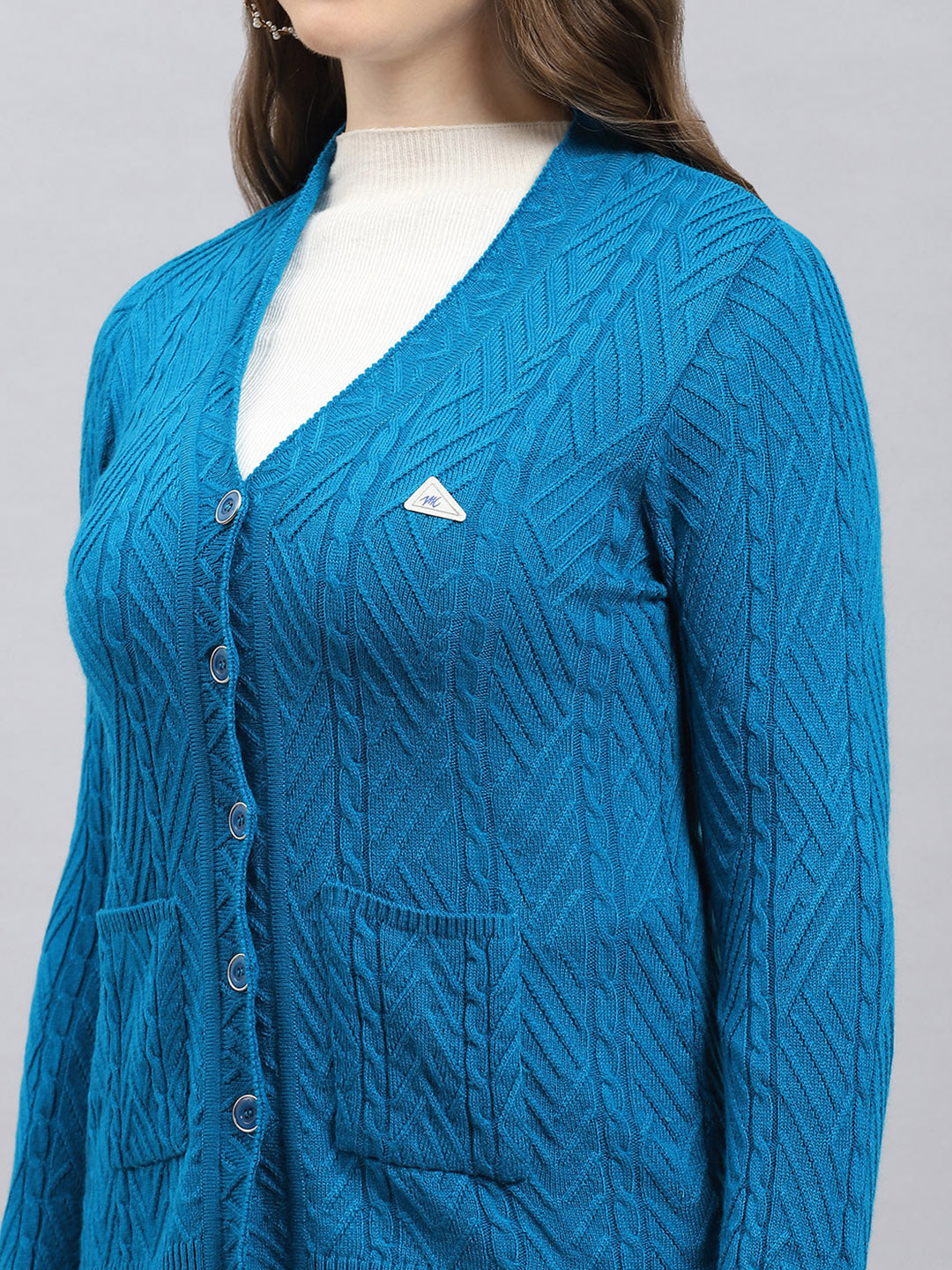 Women Teal Blue Self Design V Neck Full Sleeve Cardigan