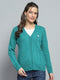 Women Green Self Design V Neck Full Sleeve Cardigan