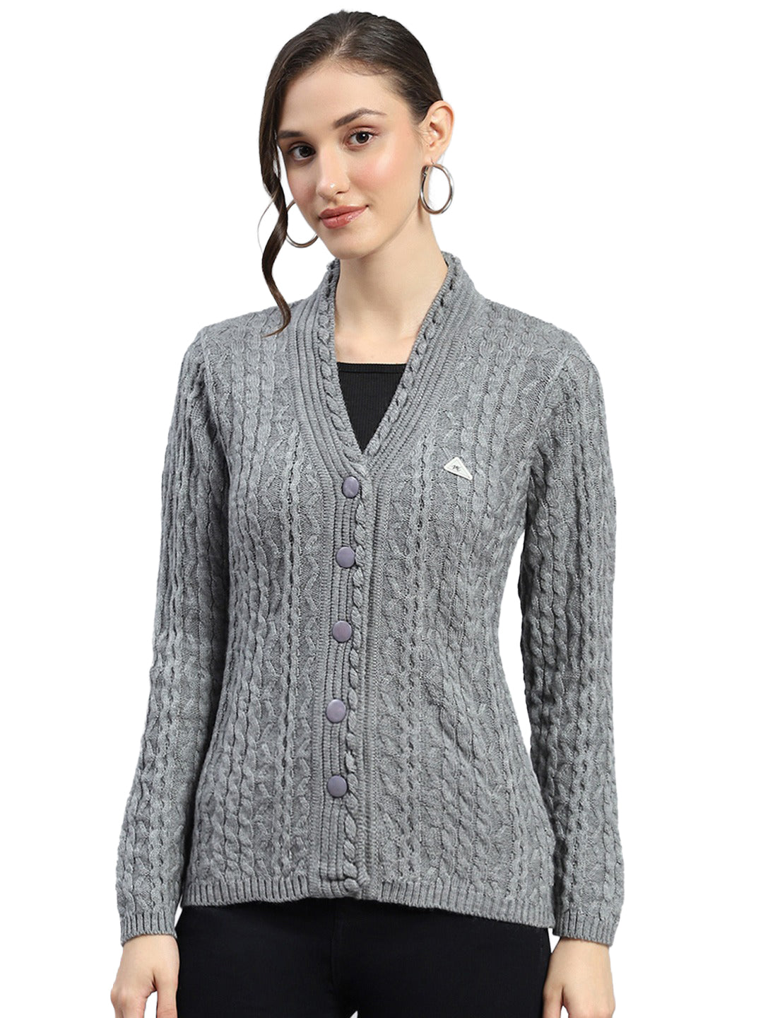 Women Grey Self Design V Neck Full Sleeve Cardigan