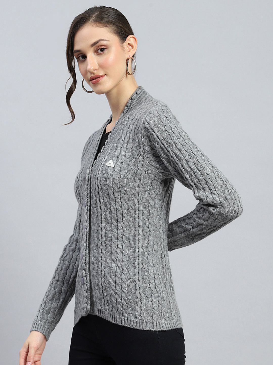 Women Grey Self Design V Neck Full Sleeve Cardigan