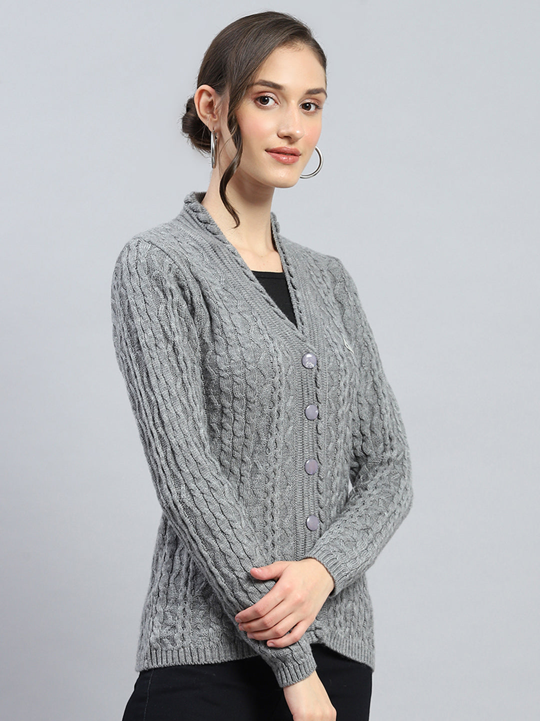 Women Grey Self Design V Neck Full Sleeve Cardigan