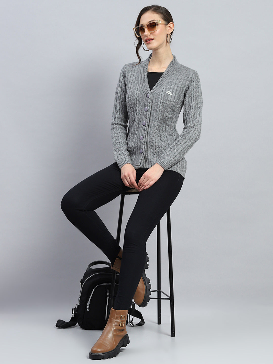 Women Grey Self Design V Neck Full Sleeve Cardigan