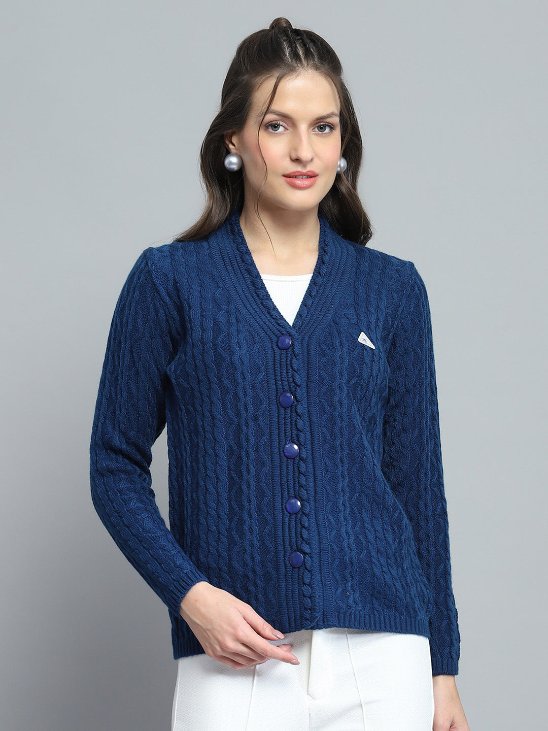 Women Blue Self Design V Neck Full Sleeve Cardigan