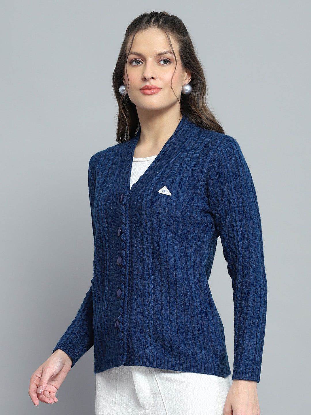 Women Blue Self Design V Neck Full Sleeve Cardigan
