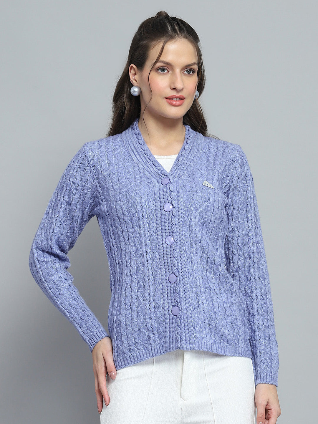 Women Purple Self Design V Neck Full Sleeve Cardigan