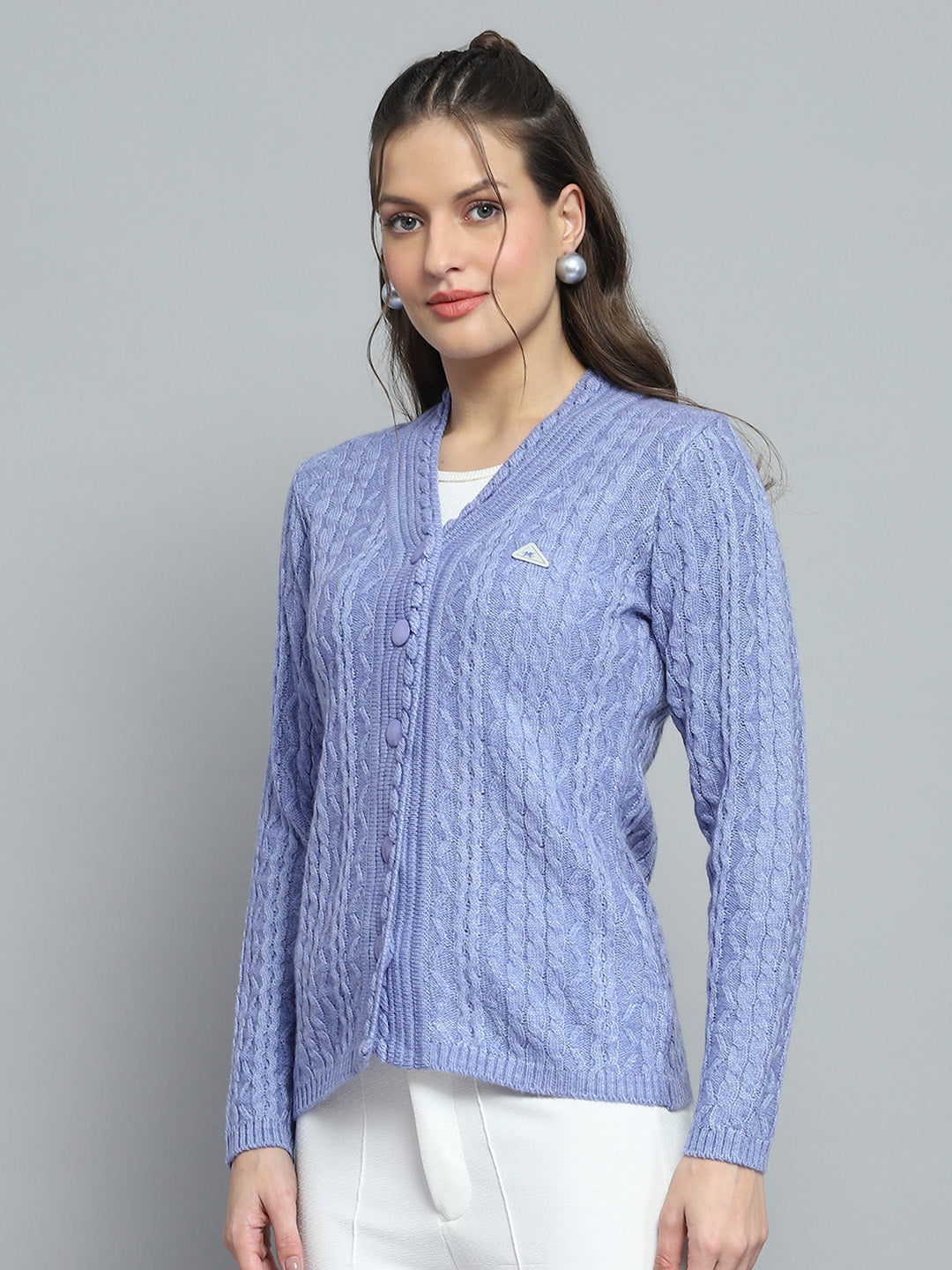 Women Purple Self Design V Neck Full Sleeve Cardigan