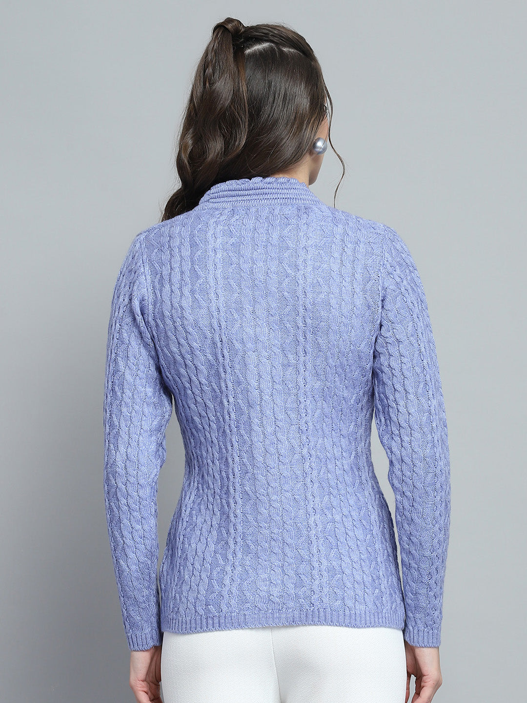 Women Purple Self Design V Neck Full Sleeve Cardigan