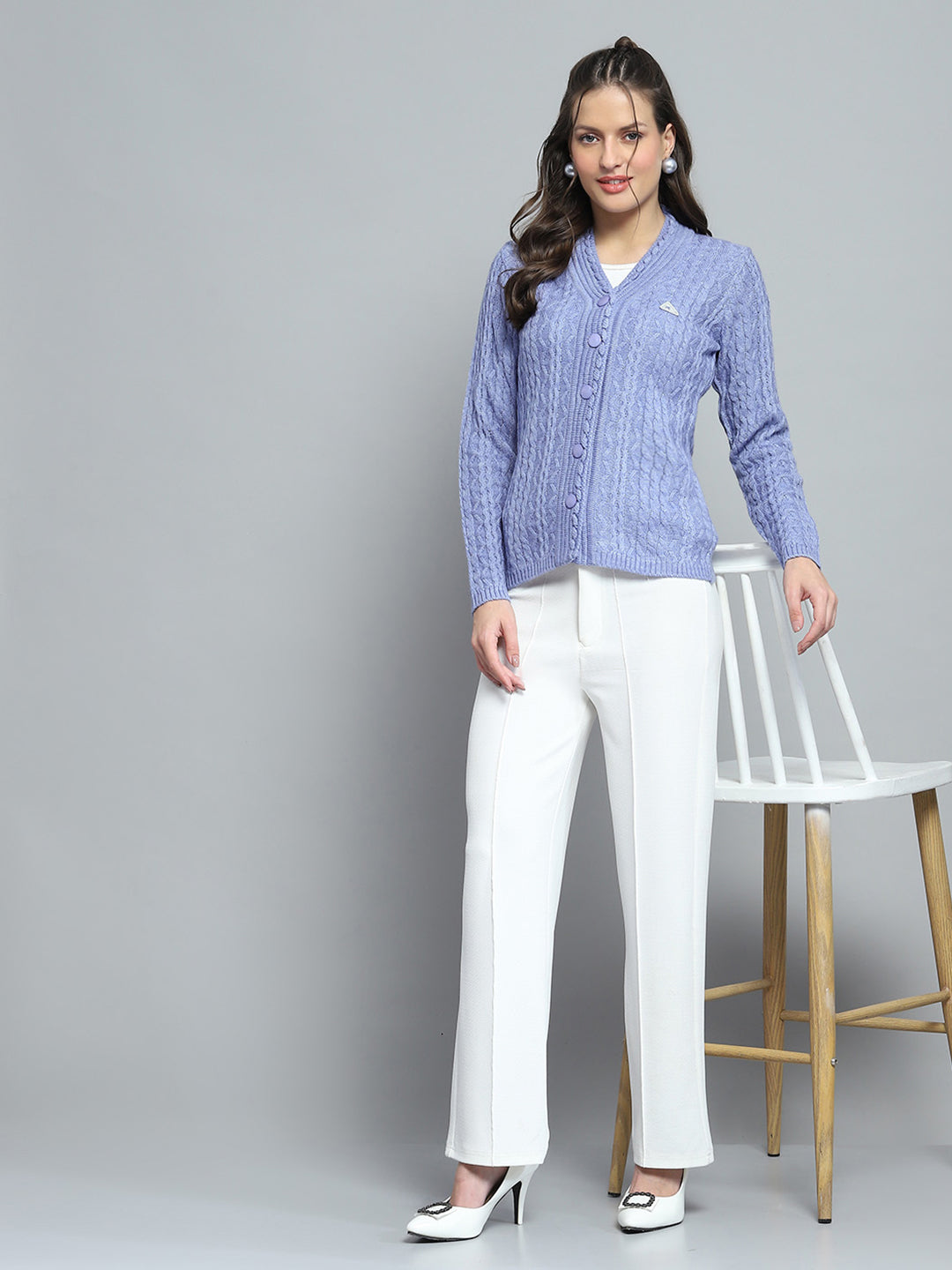 Women Purple Self Design V Neck Full Sleeve Cardigan