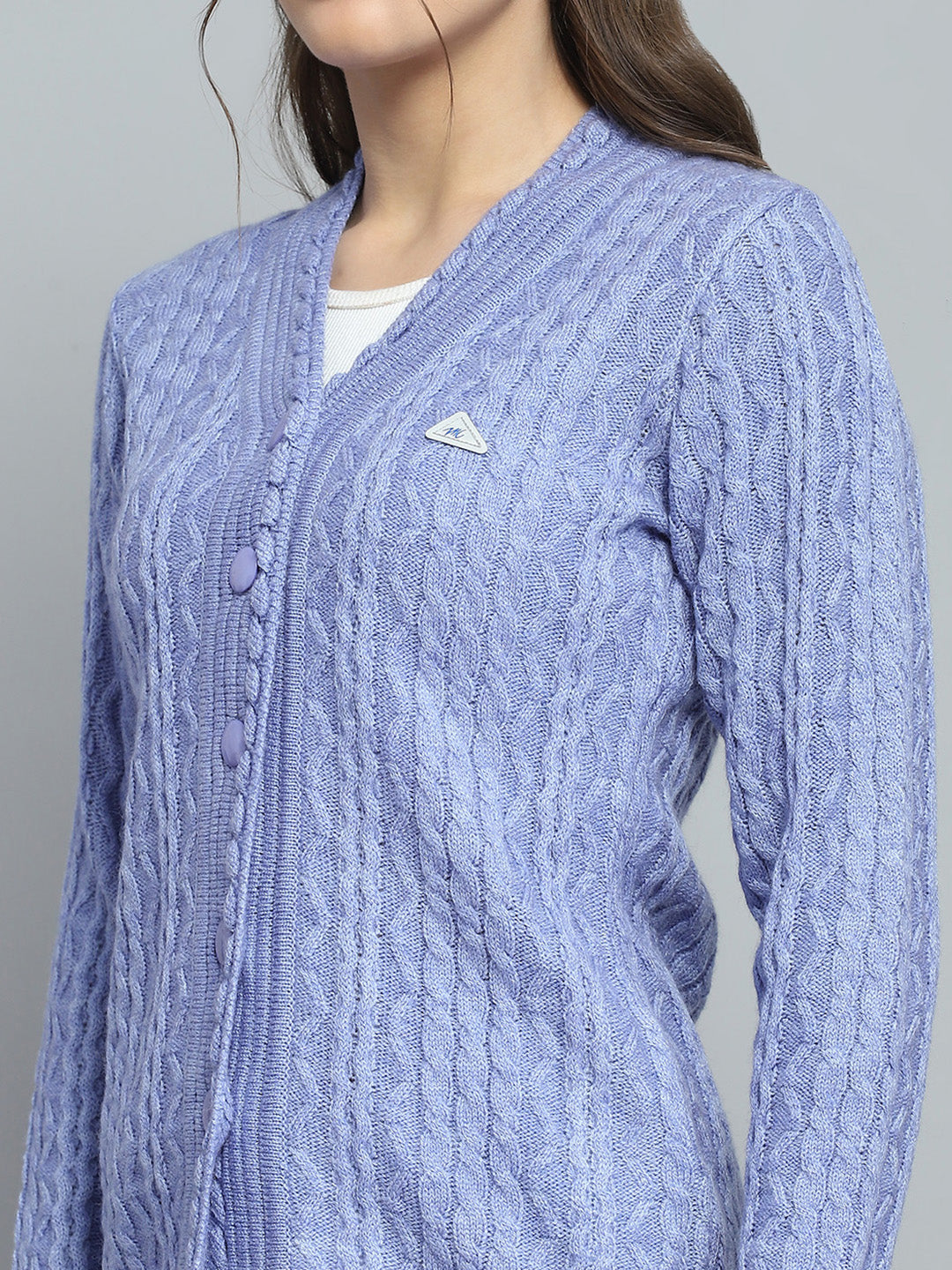 Women Purple Self Design V Neck Full Sleeve Cardigan