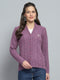 Women Purple Self Design V Neck Full Sleeve Cardigan