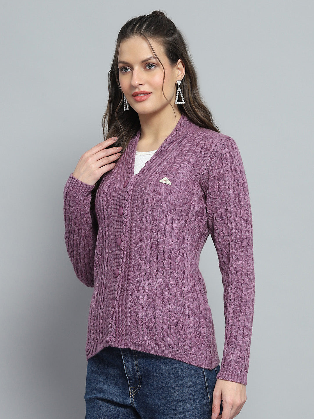 Women Purple Self Design V Neck Full Sleeve Cardigan