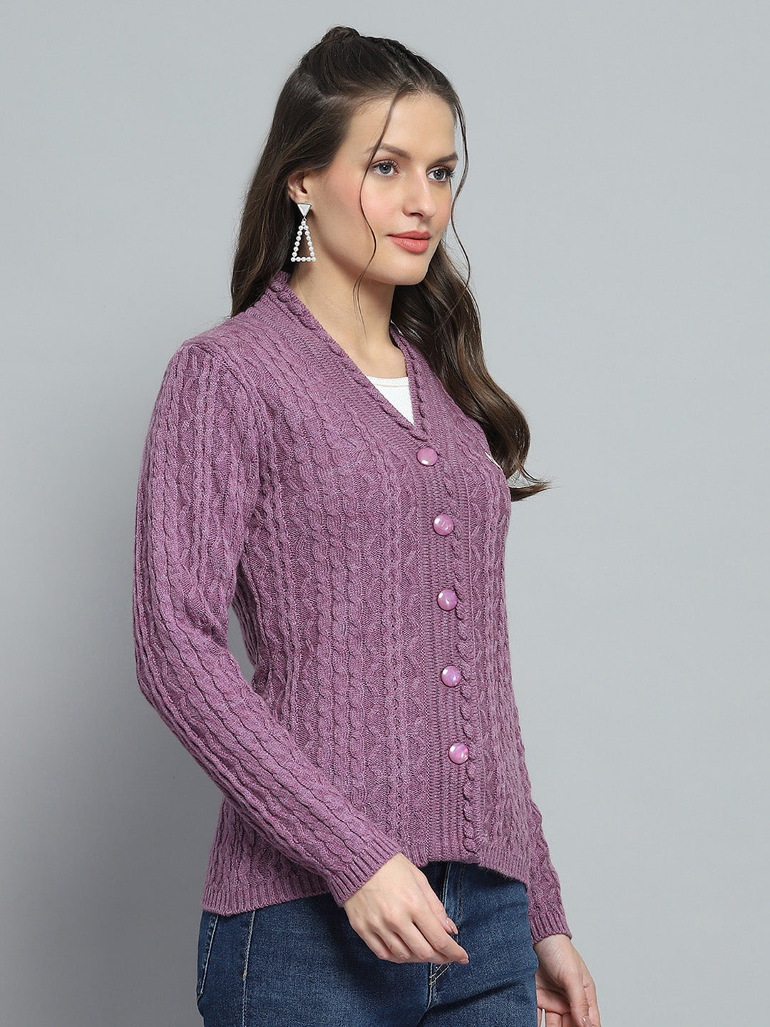 Women Purple Self Design V Neck Full Sleeve Cardigan
