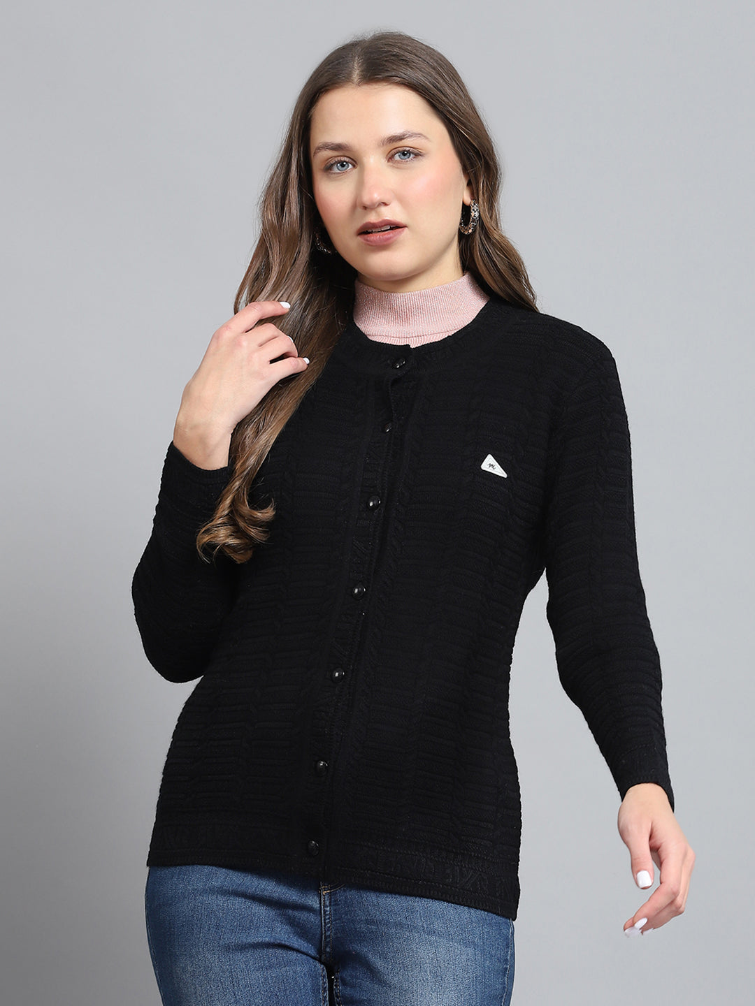 Women Black Self Design Round Neck Full Sleeve Cardigan