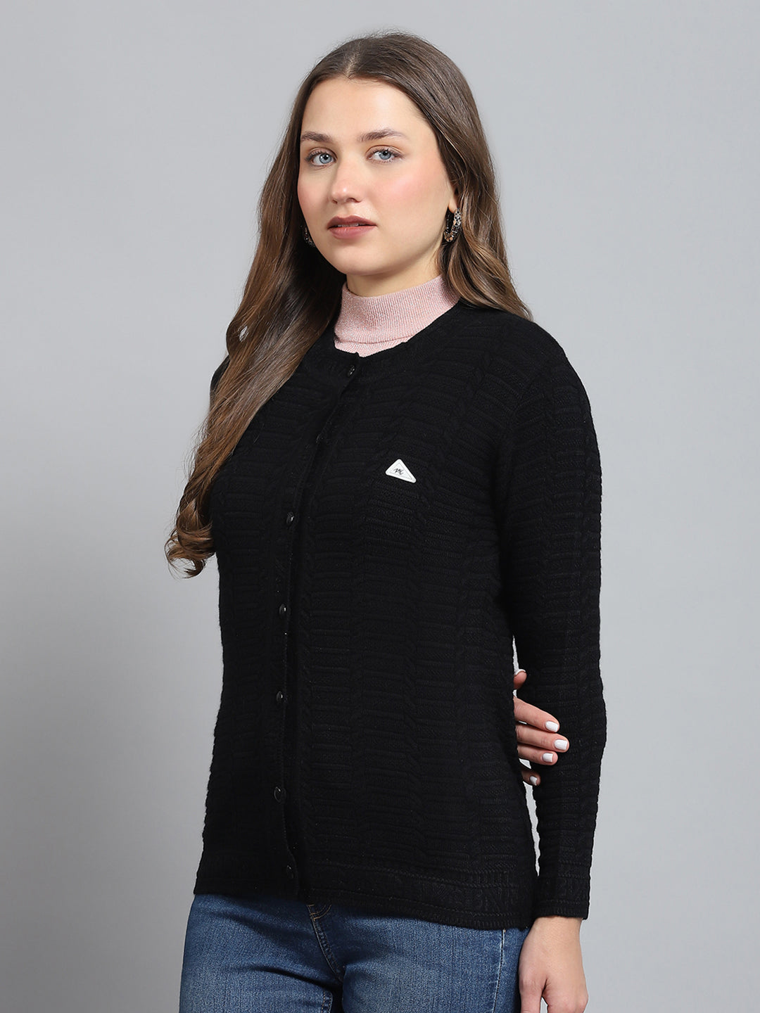 Women Black Self Design Round Neck Full Sleeve Cardigan