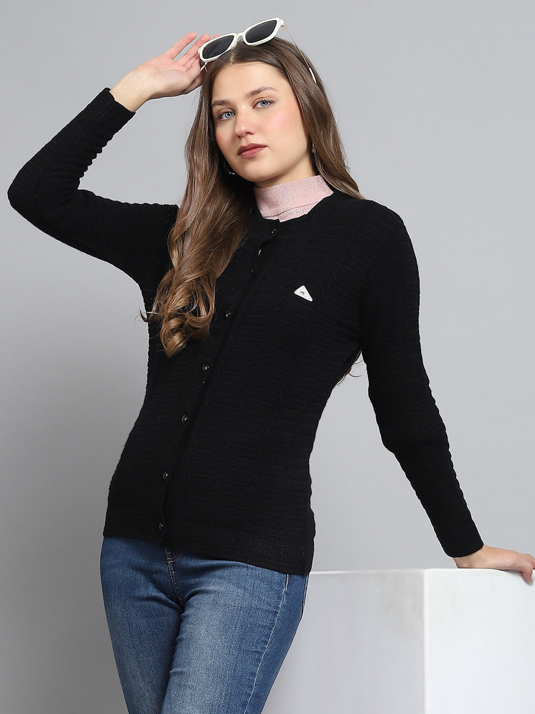 Women Black Self Design Round Neck Full Sleeve Cardigan