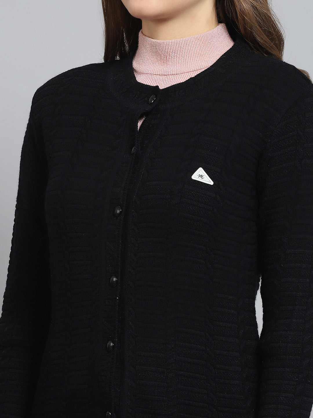 Women Black Self Design Round Neck Full Sleeve Cardigan