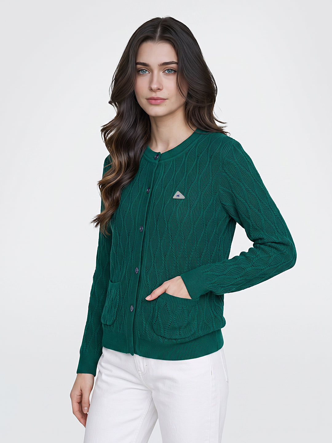 Women Green Self Design Round Neck Full Sleeve Cardigan