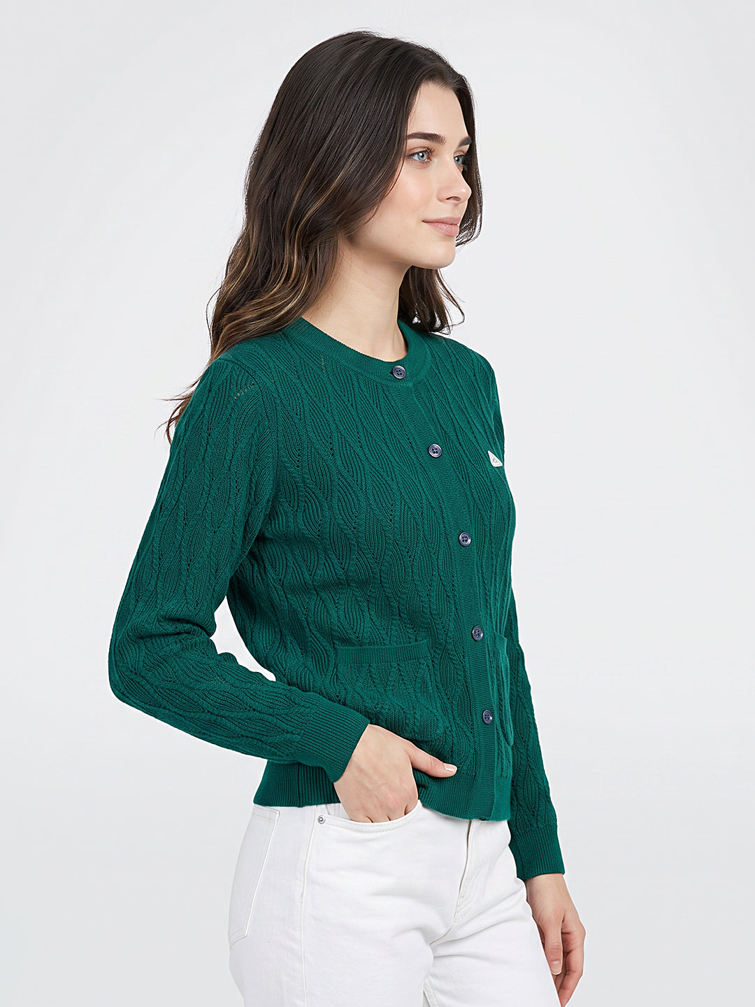 Women Green Self Design Round Neck Full Sleeve Cardigan