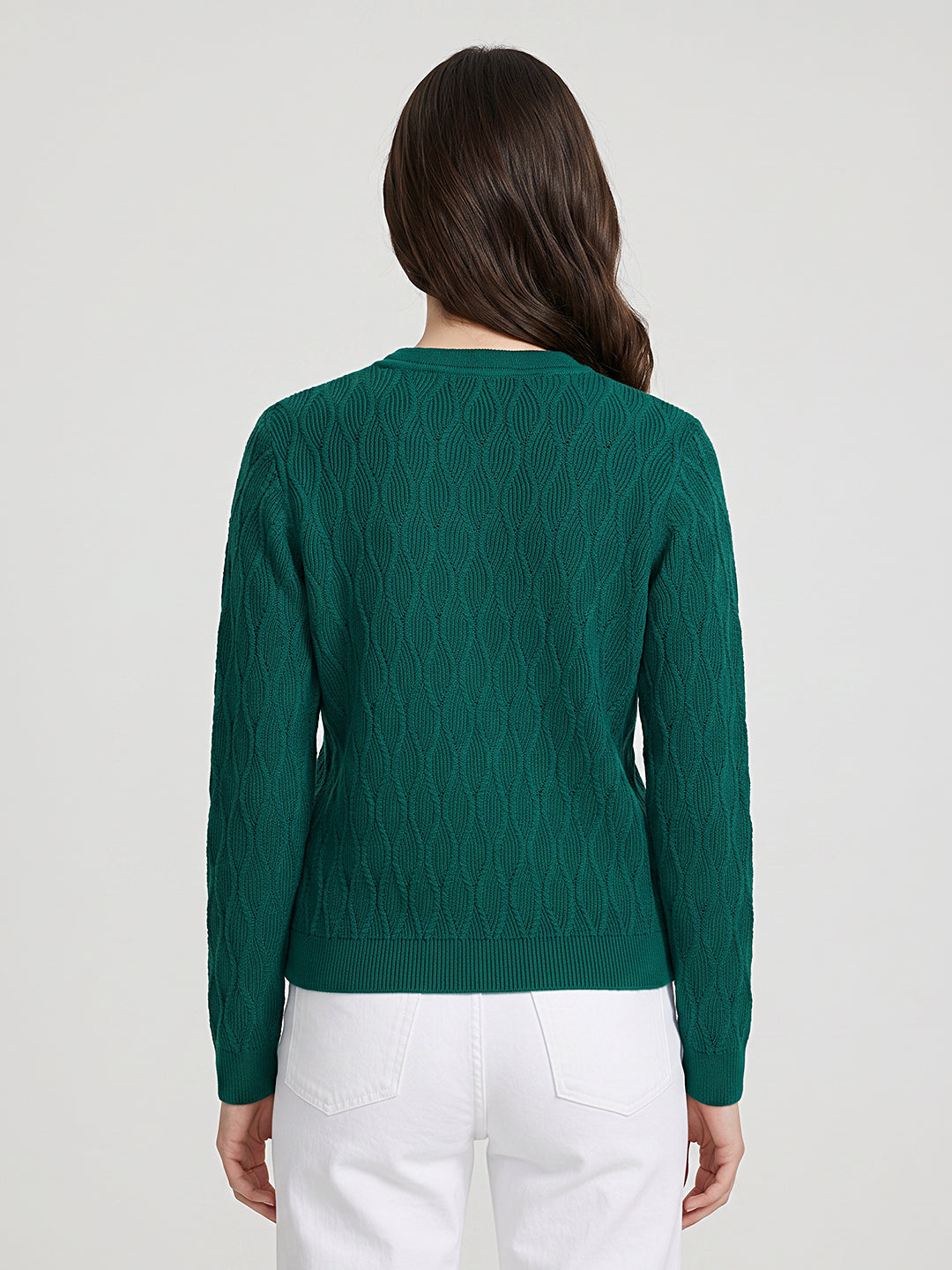Women Green Self Design Round Neck Full Sleeve Cardigan