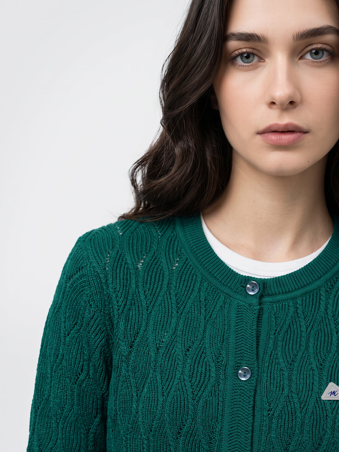 Women Green Self Design Round Neck Full Sleeve Cardigan