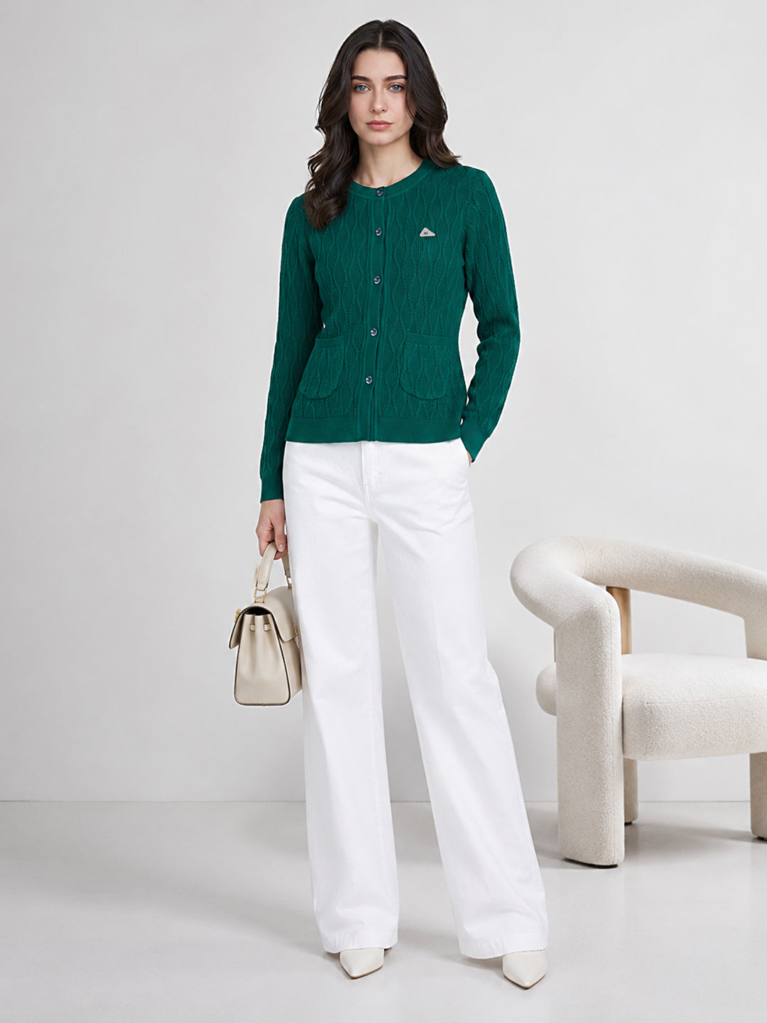 Women Green Self Design Round Neck Full Sleeve Cardigan