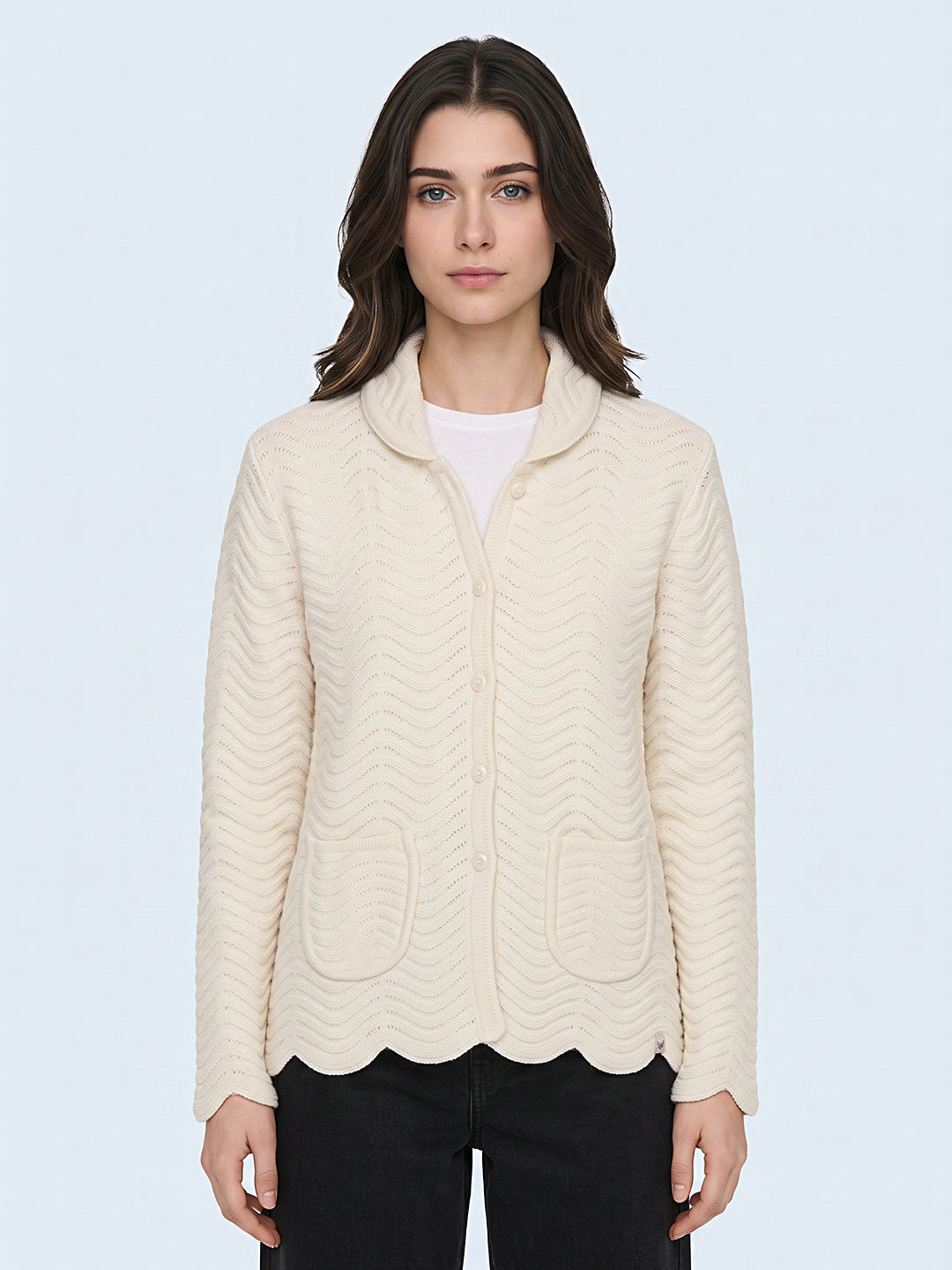 Women Off White Self Design Collar Full Sleeve Cardigan