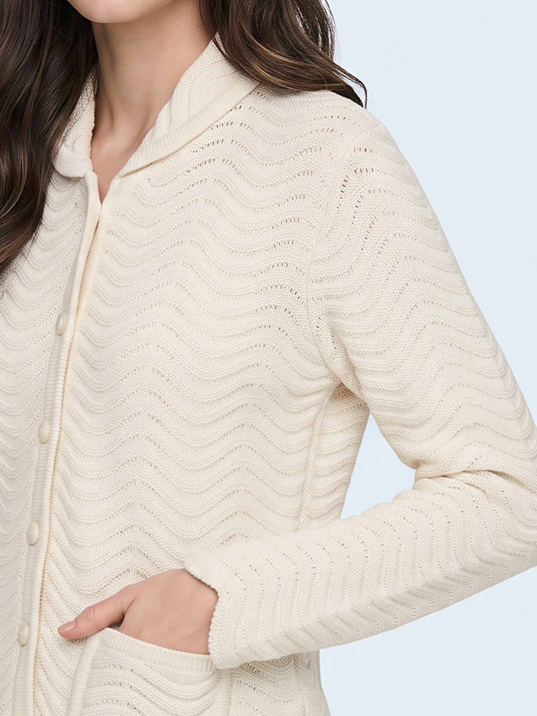 Women Off White Self Design Collar Full Sleeve Cardigan