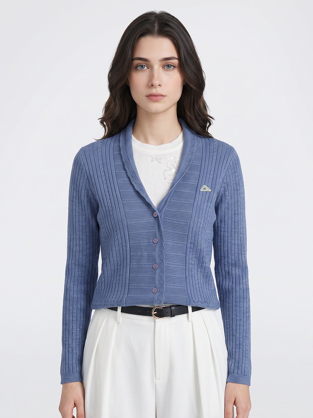 Women Blue Self Design V Neck Full Sleeve Cardigan