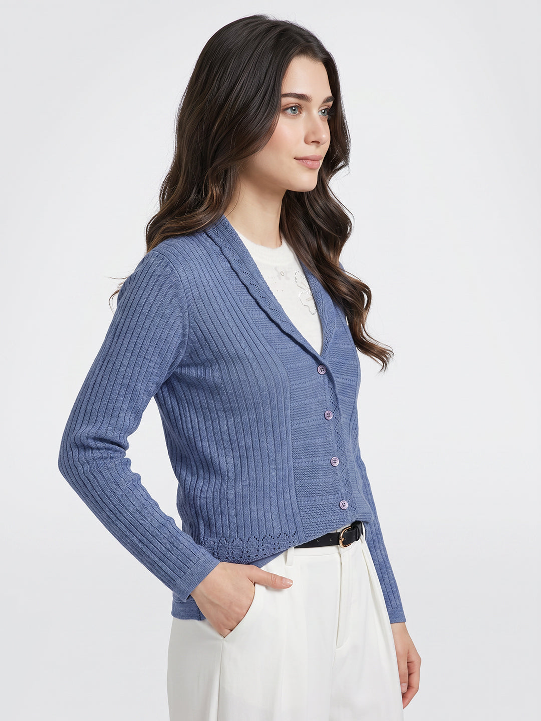 Women Blue Self Design V Neck Full Sleeve Cardigan