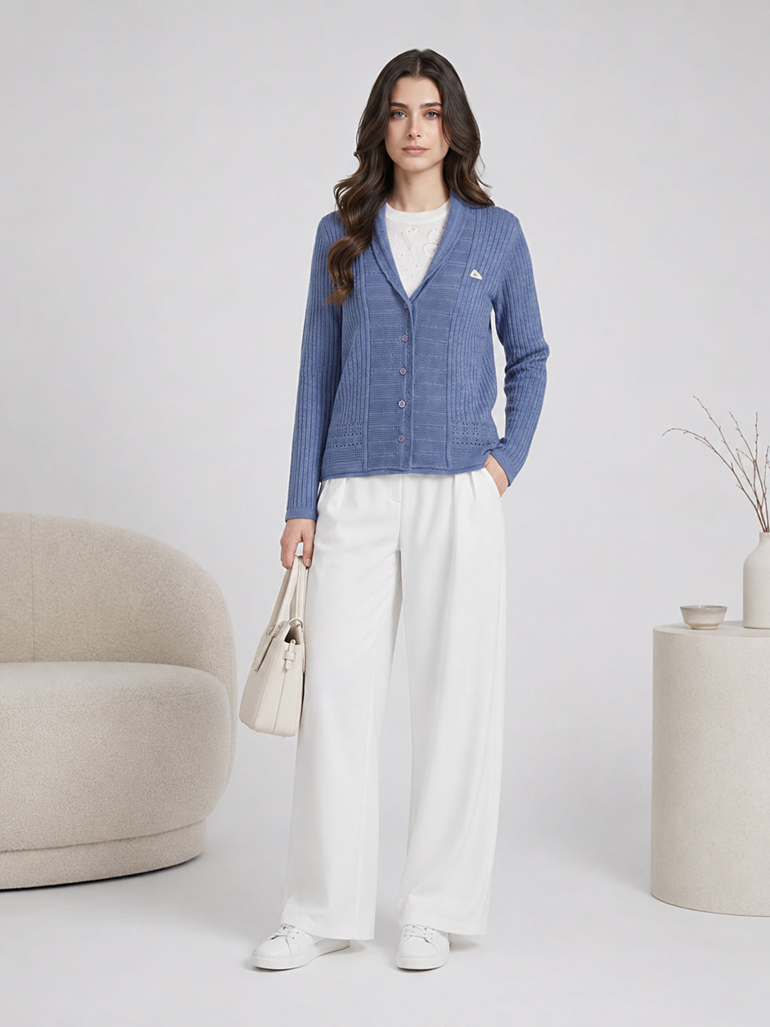Women Blue Self Design V Neck Full Sleeve Cardigan
