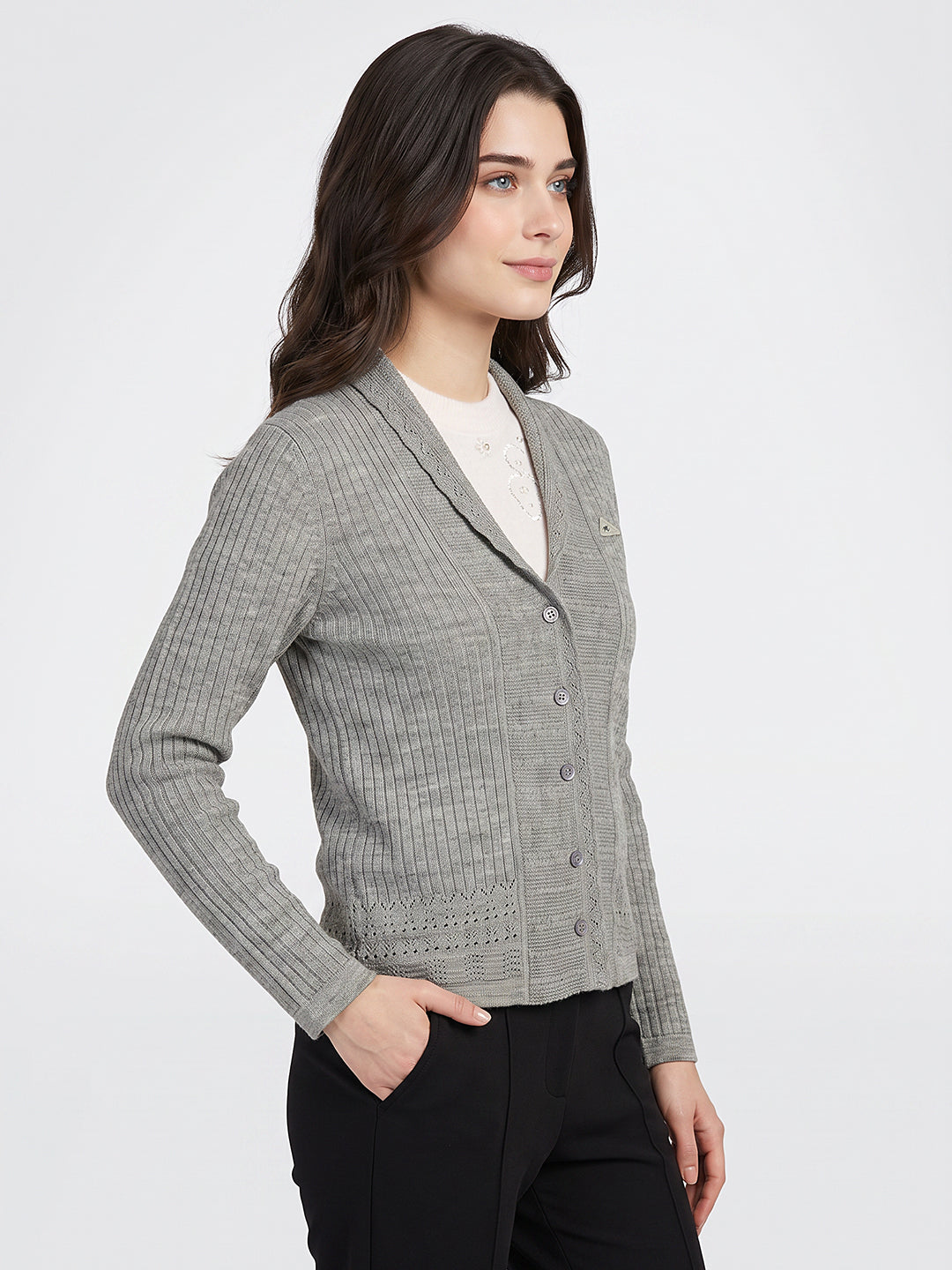 Women Grey Self Design V Neck Full Sleeve Cardigan