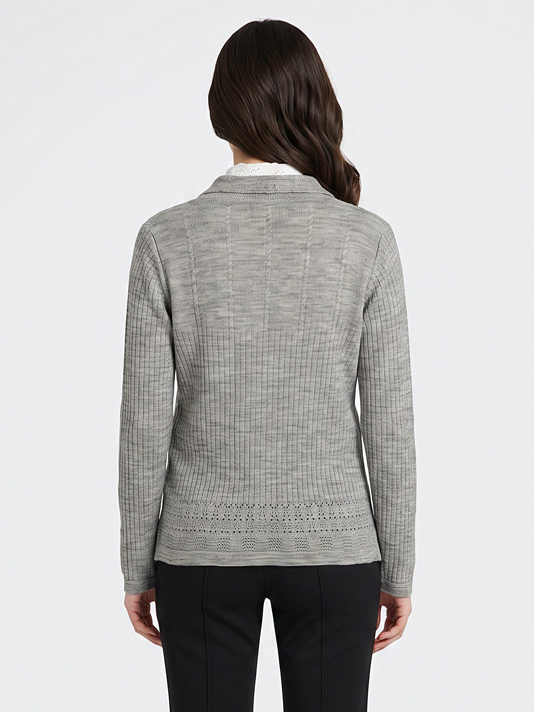 Women Grey Self Design V Neck Full Sleeve Cardigan
