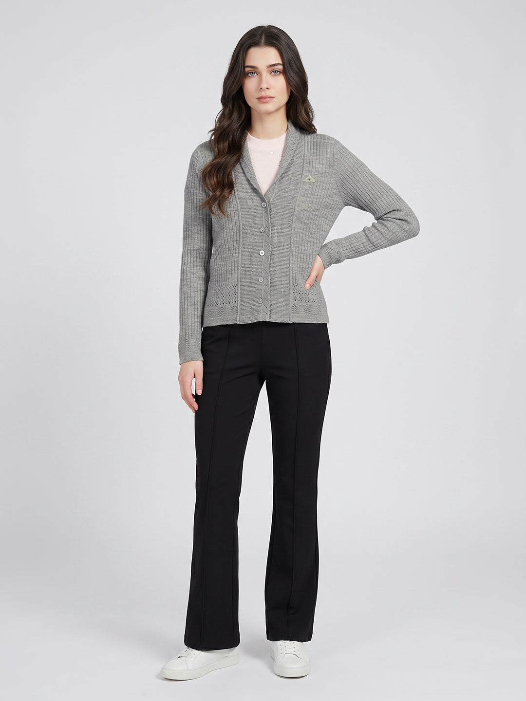 Women Grey Self Design V Neck Full Sleeve Cardigan