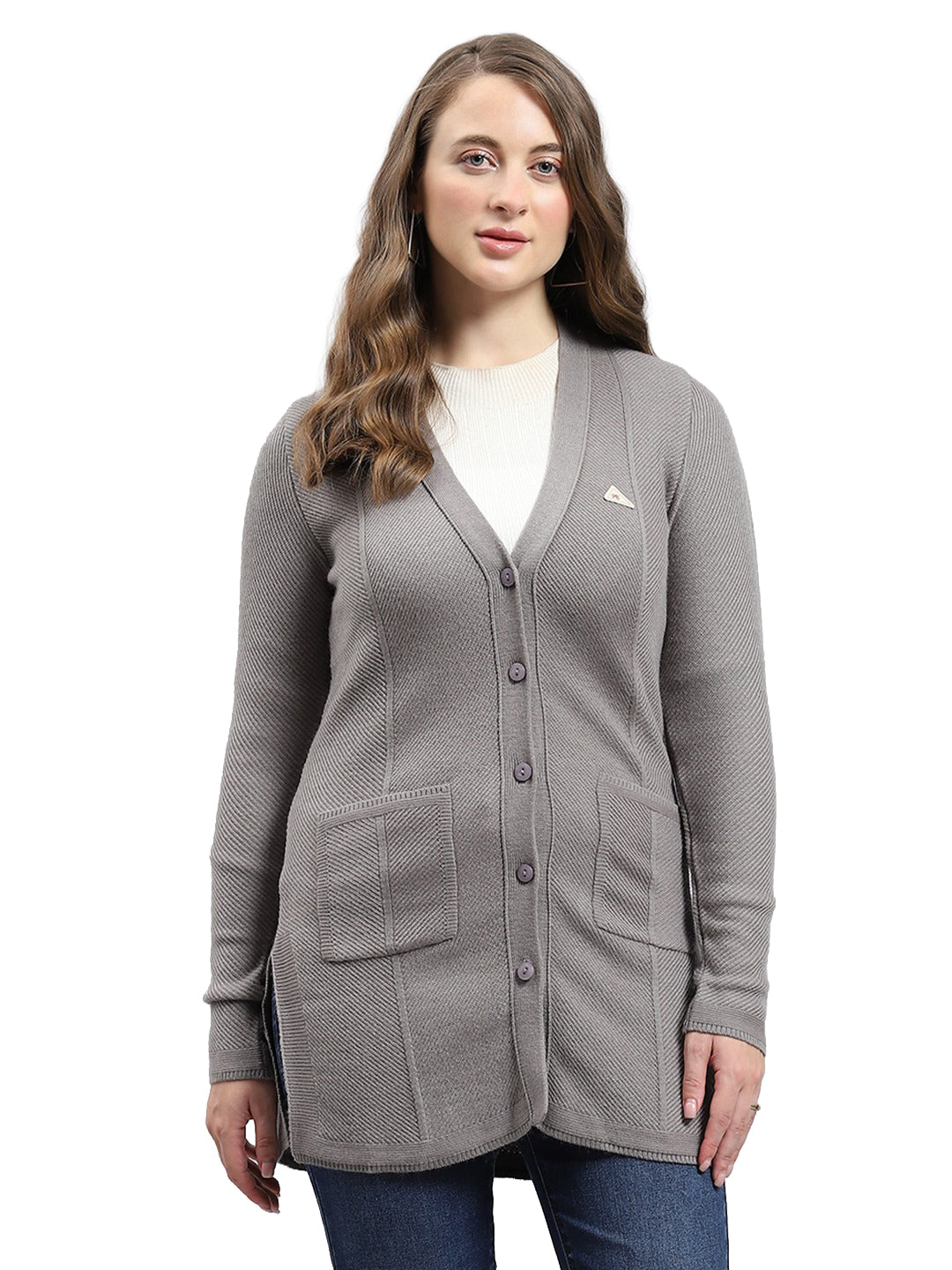 Women Grey Self Design V Neck Full Sleeve Longline Cardigan