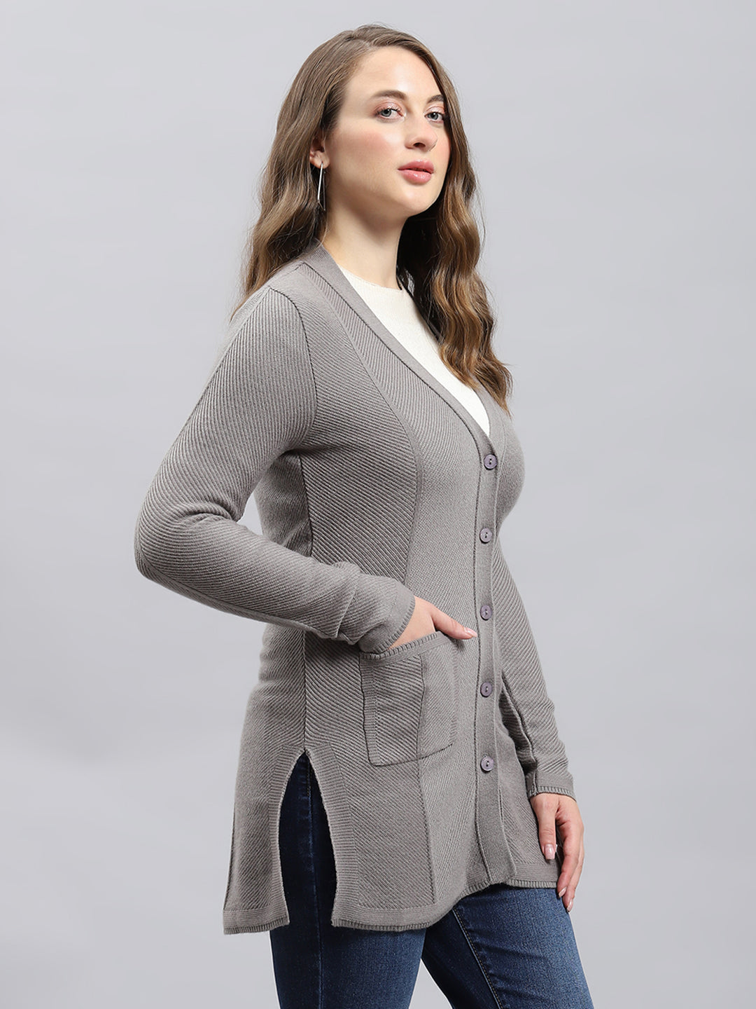 Women Grey Self Design V Neck Full Sleeve Longline Cardigan