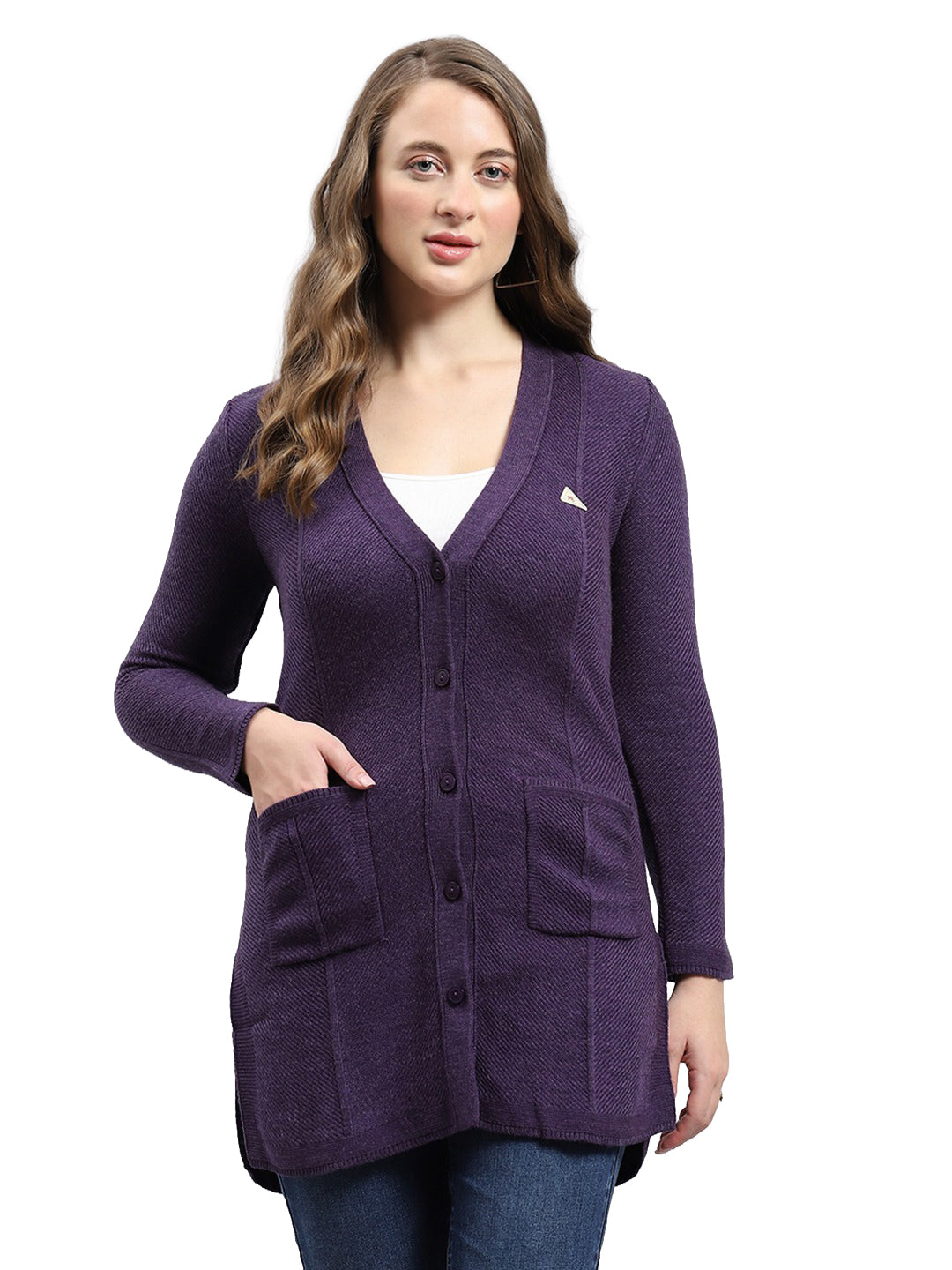 Women Purple Self Design V Neck Full Sleeve Longline Cardigan