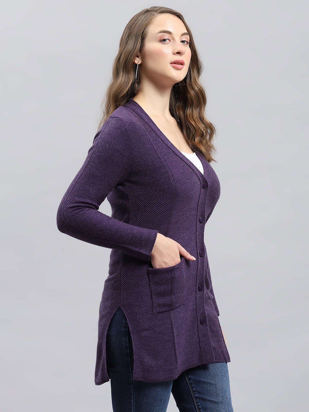 Women Purple Self Design V Neck Full Sleeve Longline Cardigan