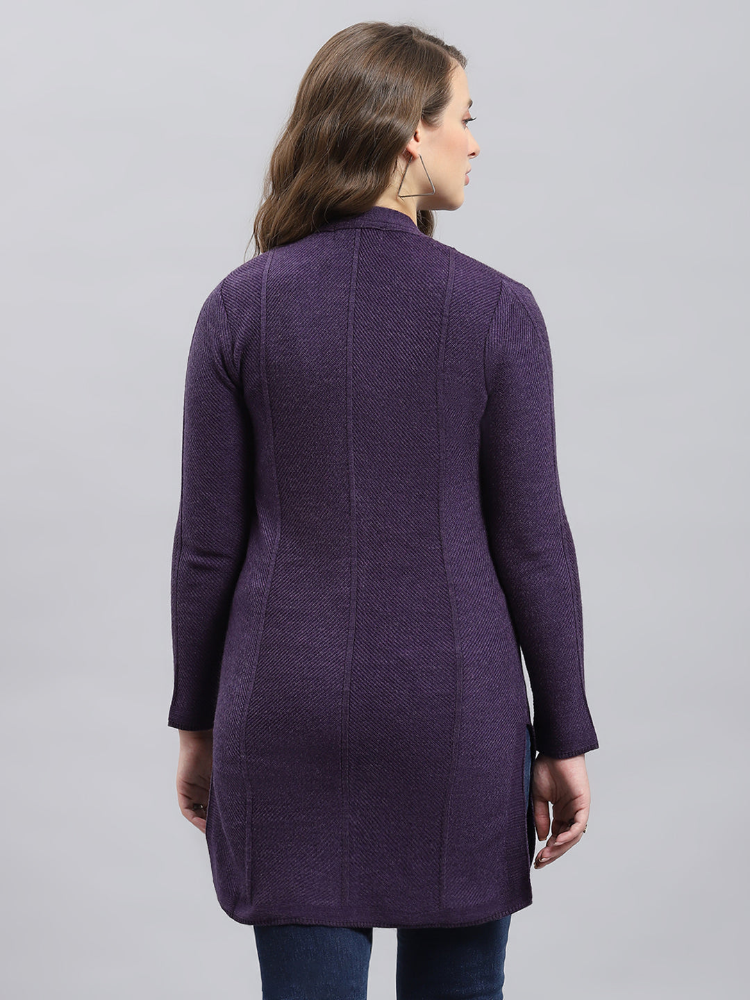 Women Purple Self Design V Neck Full Sleeve Longline Cardigan