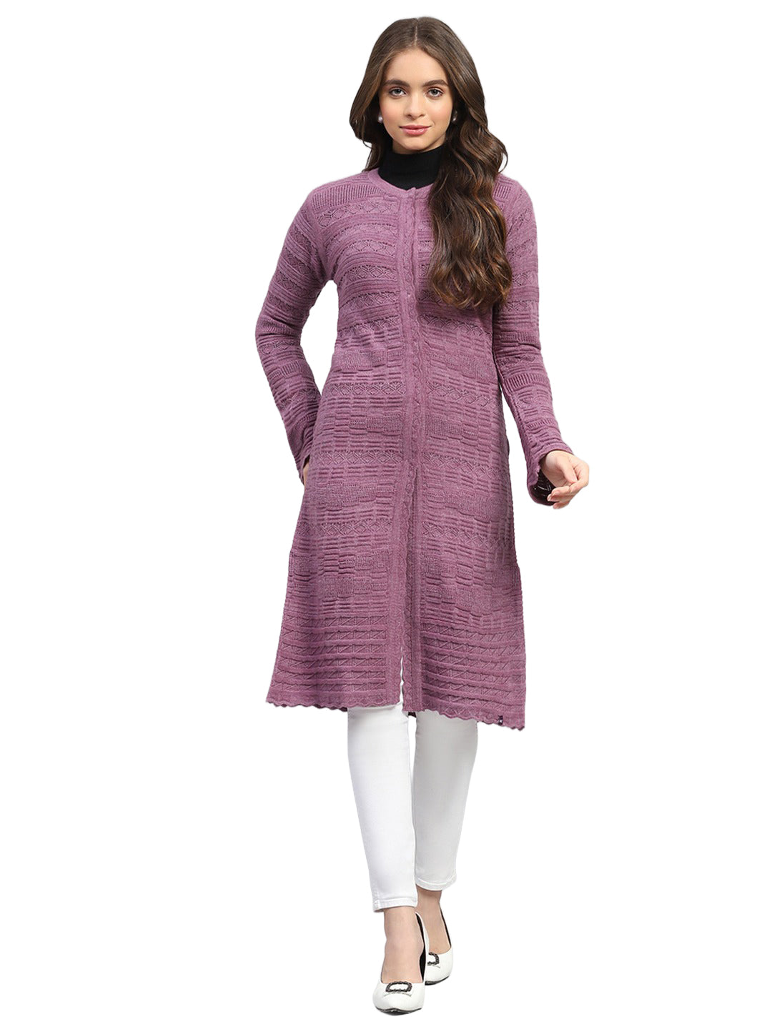 Women Purple Self Design Round Neck Full Sleeve Longline Cardigan