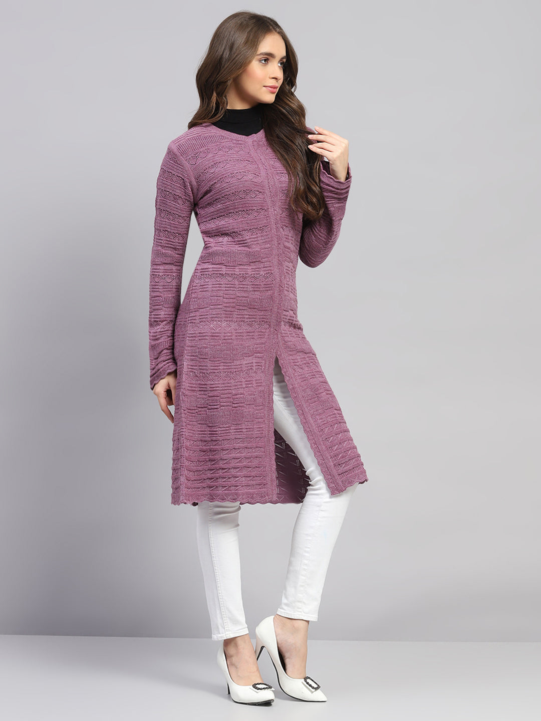 Women Purple Self Design Round Neck Full Sleeve Longline Cardigan