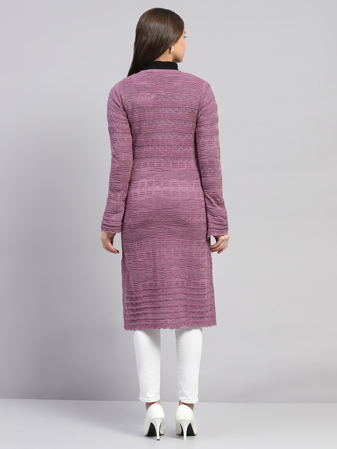 Women Purple Self Design Round Neck Full Sleeve Longline Cardigan